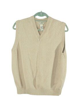 LL Bean Large Beige Sweater Vest 100% Cotton V Neck Classic Preppy Minimalist